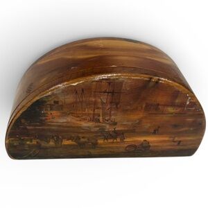 Old World Italian Cedar Trinket Box with Decopauge Scene Boats Port Cows Horses